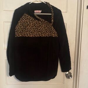 Pink Lily Cozy Black Sweater with Leopard Accents